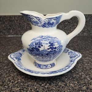 Vintage Artmark Japan Blue White Transferware Pitcher Bowl Set Mini Cottagecore